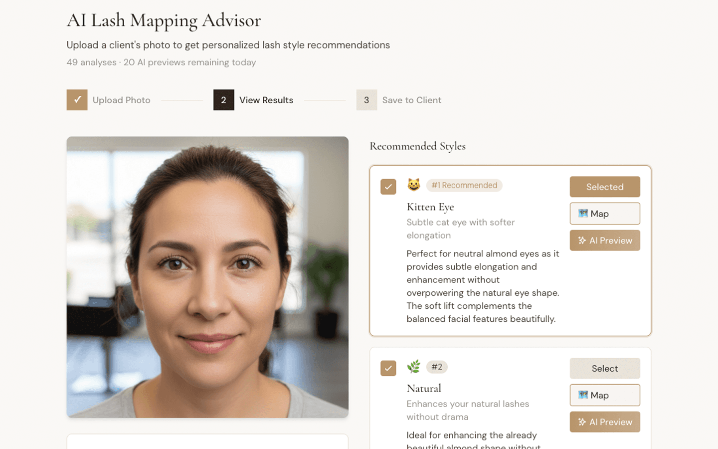 Mila AI lash mapping analysis with style recommendations