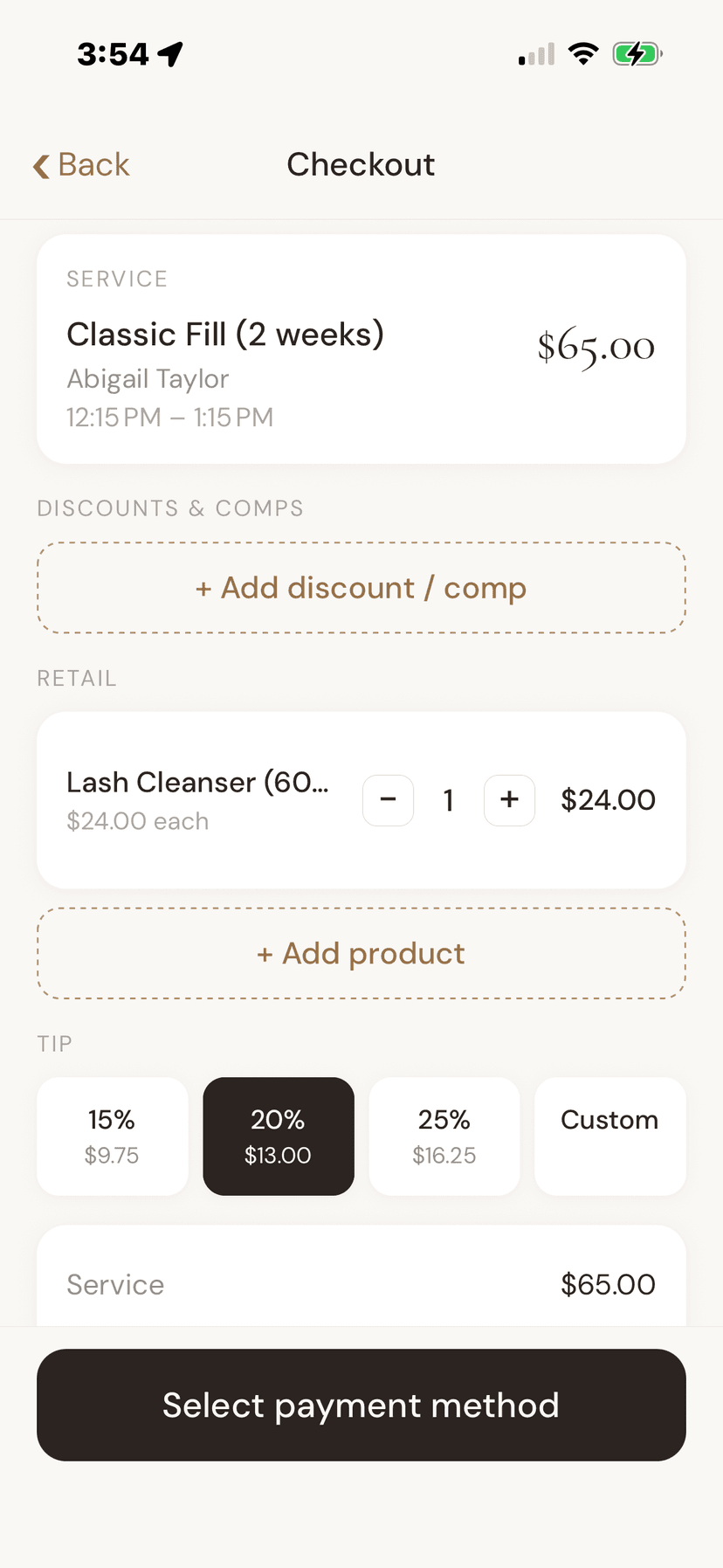 Taking payment at checkout in the Mila iOS app