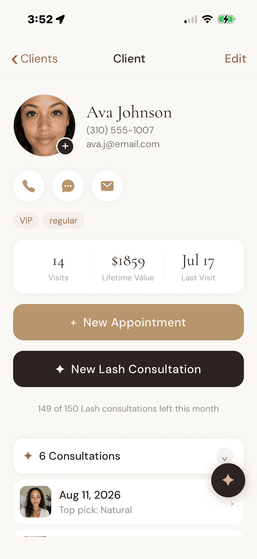 Past consultations saved to a client profile in the Mila iOS app