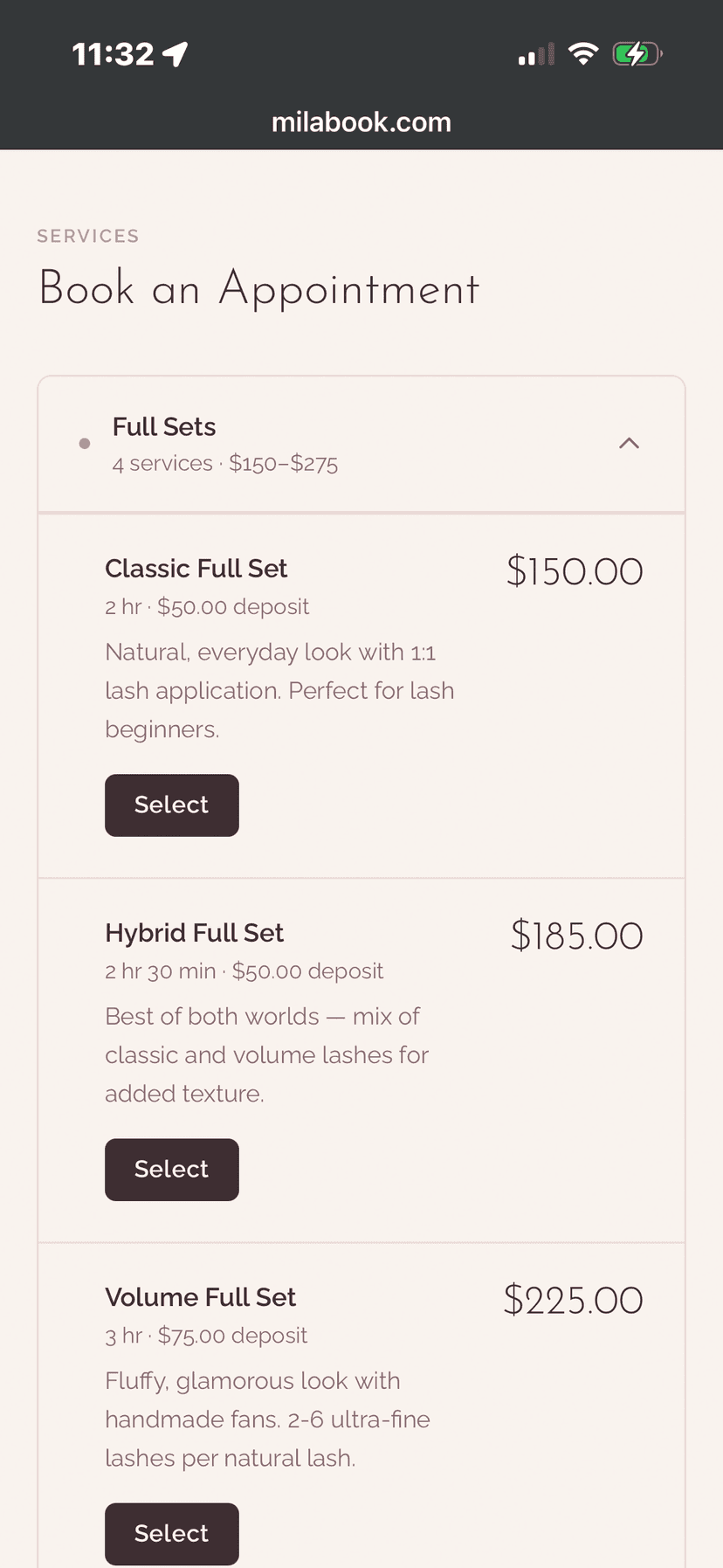 A client choosing a service on a Mila booking page