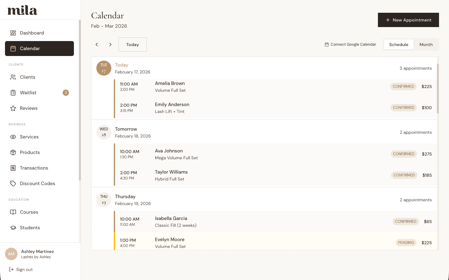 Mila calendar week view with appointments