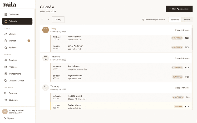 Mila calendar on mobile
