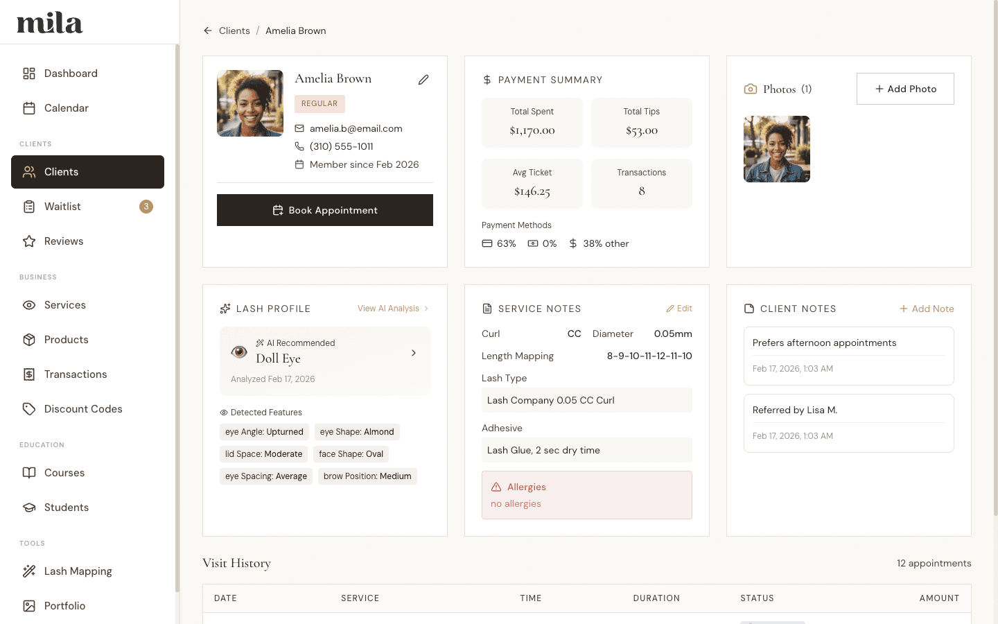 Mila client detail page with lash preferences