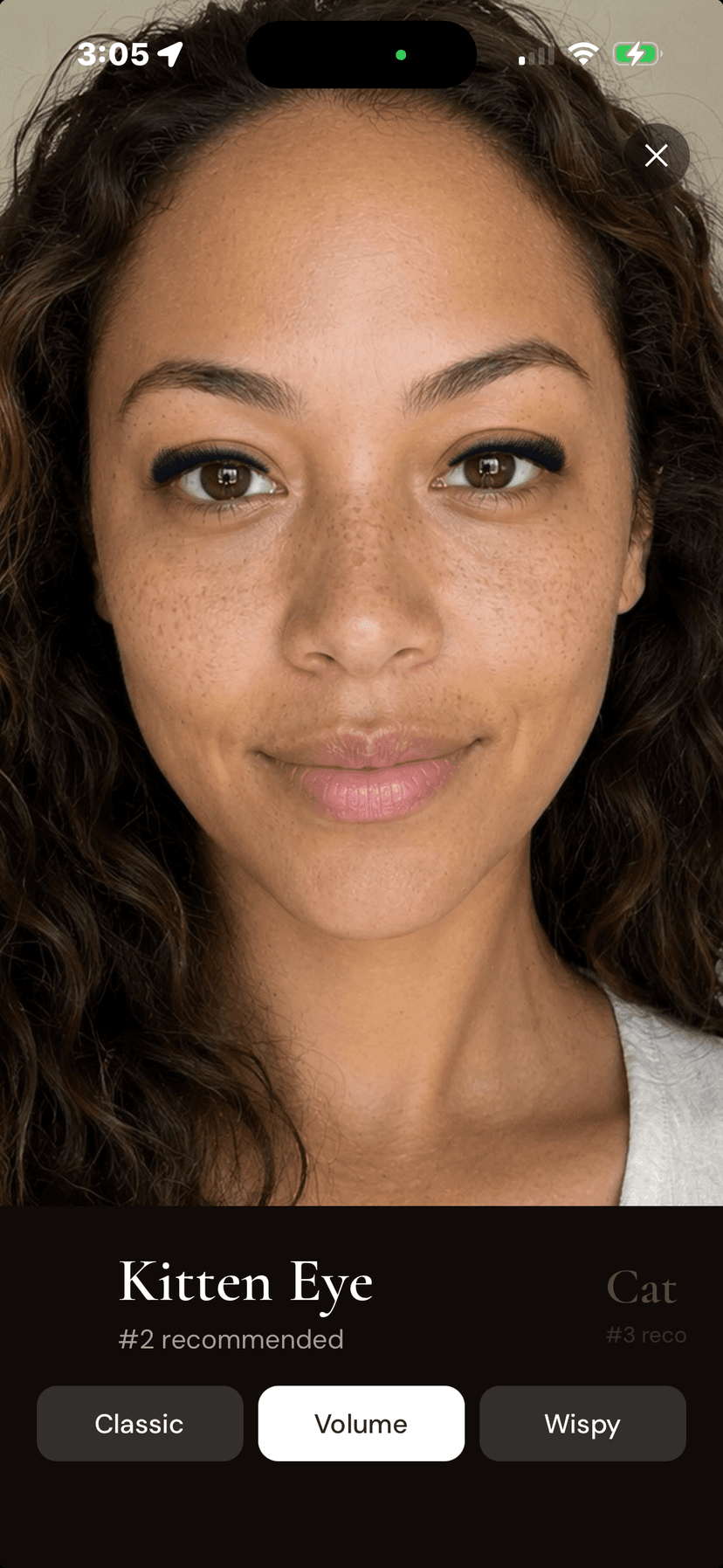 A recommended lash style previewed on a client's own photo