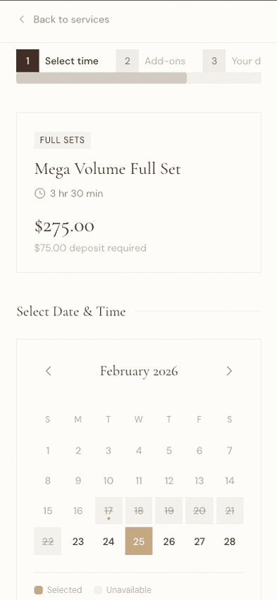Mila booking page on mobile