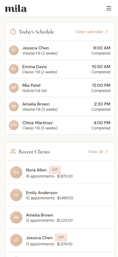 Mila dashboard on mobile